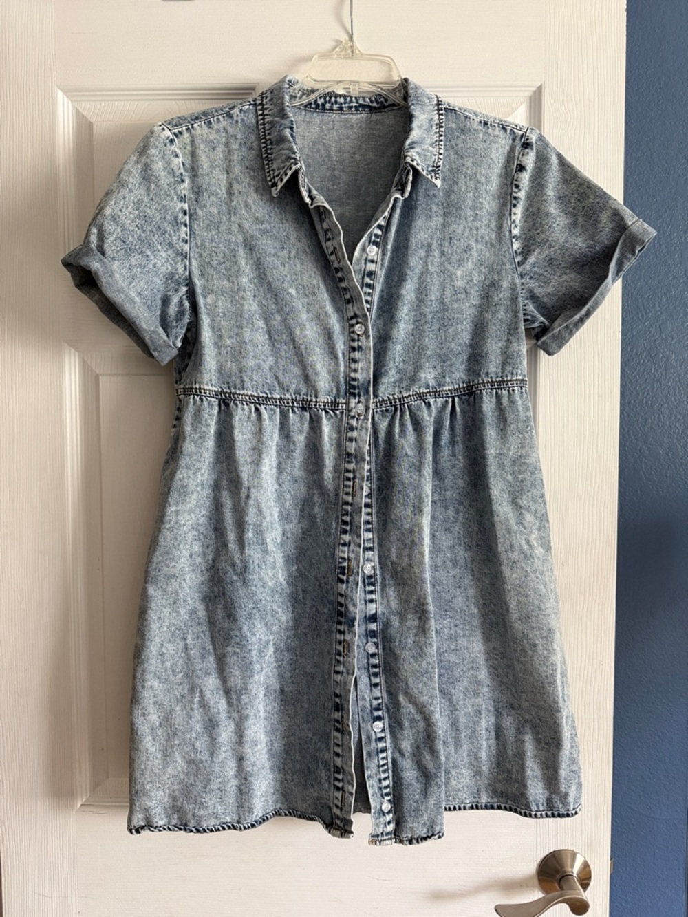Light Wash Denim Shirt Dress - Casual Short Sleeve